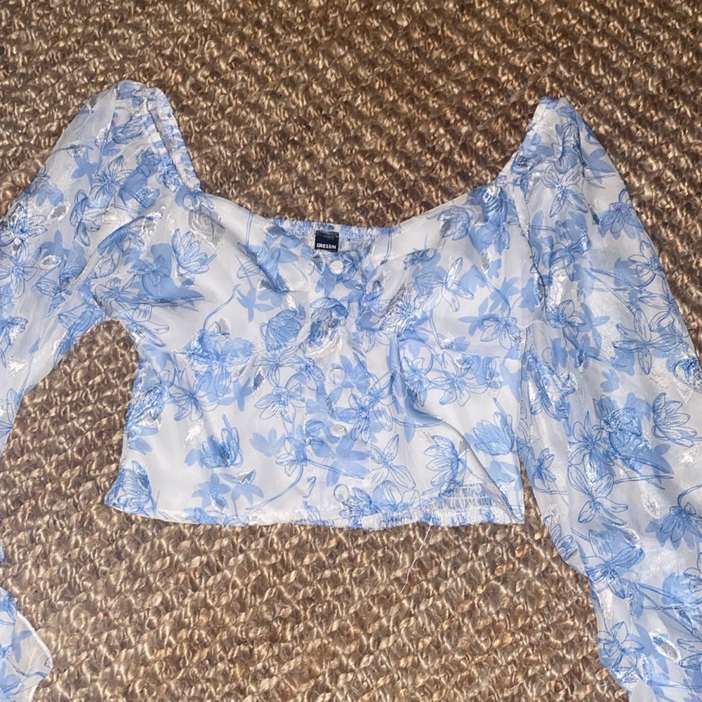 Mesh floral long sleeve crop top